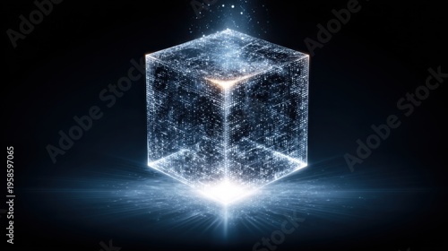 Illuminated cube emitting radiant light symbolizing quantum commerce and advanced transaction mesh network concepts