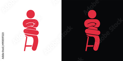 Red silhouette of a person sitting on a stool with white and black background