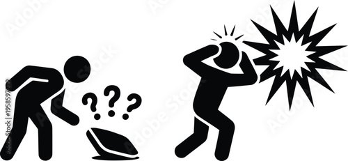 Black stick figures showing investigation of a spilling hole and reaction to a powerful explosion