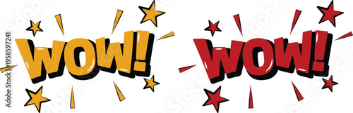 Collection of comic style “WOW!” icon set explosion speech bubbles with bright colors, halftone textures. Perfect for comics, posters, ads, and fun graphic designs.