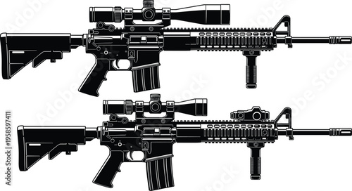 Black and white vector illustration of tactical assault rifles with optical scopes, foregrips, and modular rails on a white background