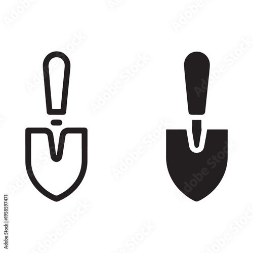 Simple black and white icons depicting a gardening trowel in two styles