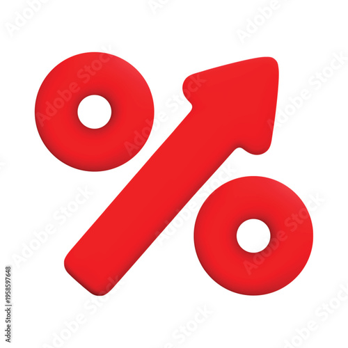 Vector cartoon 3d percent up icon. Realistic growth percentage red sign with arrow. Minimal 3d render for discount, loyalty promotion, banking app, tax and interest rate increase symbol.