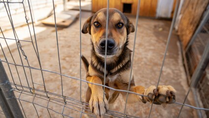A direct and engaging portrait of a mixed-breed dog looking intently at the camera through a wire fence showcasing its intelligent eyes and the hope for interaction from its enclosure reflecting authe