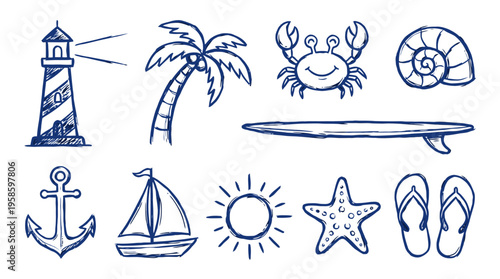 Beach Vacation Icons Lighthouse Palm Tree Crab Surfboard Anchor Sailboat Sun Starfish Flip Flops Summer Fun