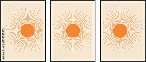 Vector sunburst illustration featuring stylized sun with radiating lines in minimalist framed design