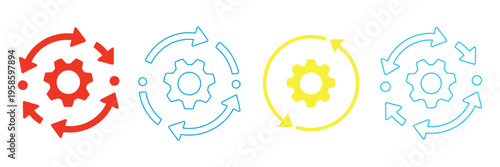 Workflow sync process icons, cycle design with gears, blue line and solid style vector illustration for task automation and process management.