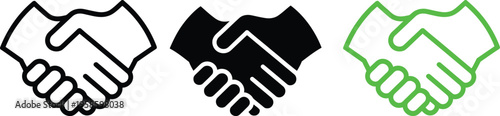 Three distinct handshake icons in varying styles and colors