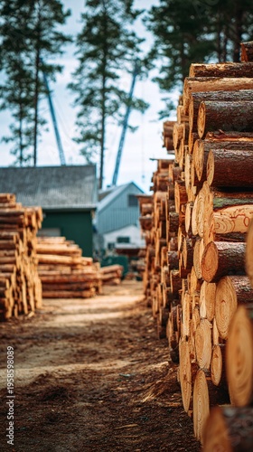 Stacks of cut logs in lumber yard.