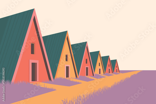 Row of Colorful A-Frame Houses Illustration, residential architecture concept with copy space