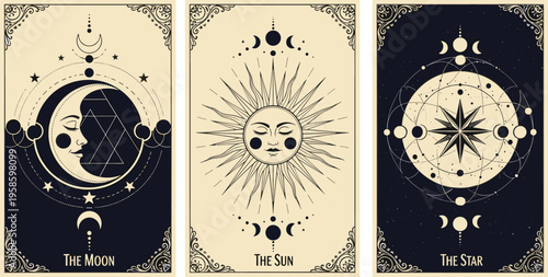 Vector celestial tarot card illustration featuring The Moon, The Sun, and The Star designs