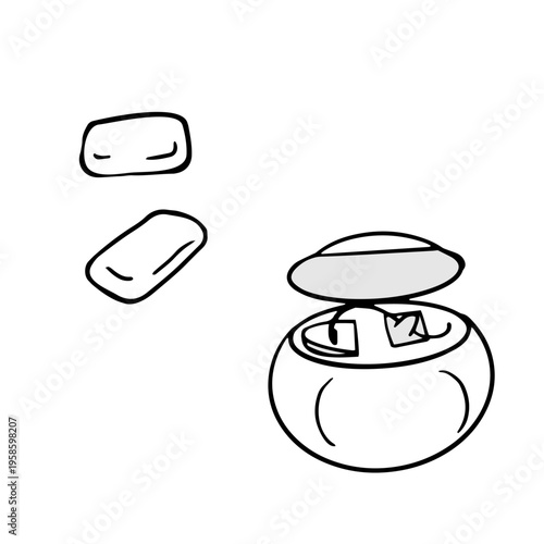 doodle set with dental floss and chewing gum for oral hygiene and fresh breath. isolated, hand drawn vector collection is perfect for dental care illustrations or health icons.