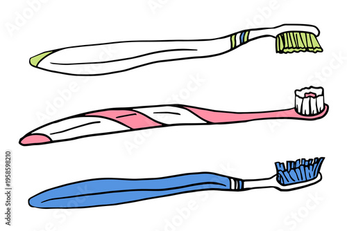 set of colorful toothbrushes, cute doodle style. hand drawn vector isolated on white collection, for dental care, oral hygiene illustrations, or health icons.