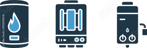 Water Heater Boiler Heating System Icon Set, solid style vector illustration showing residential appliance, hot water supply, plumbing equipment, home heating technology and utility design.