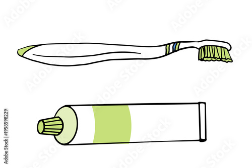 toothbrush and a tube of toothpaste for oral hygiene doodle set. hand drawn isolated vector for dental care illustrations or health icons.
