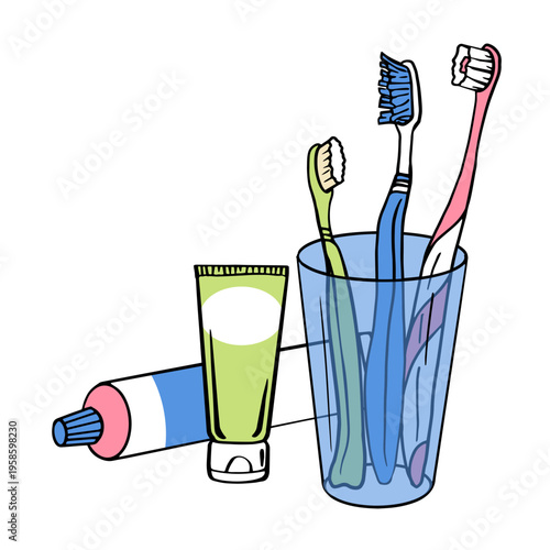 family set of toothbrushes in a glass and toothpaste for daily oral hygiene. colorful hand drawn doodle is isolated, for dental care and morning routine concepts.