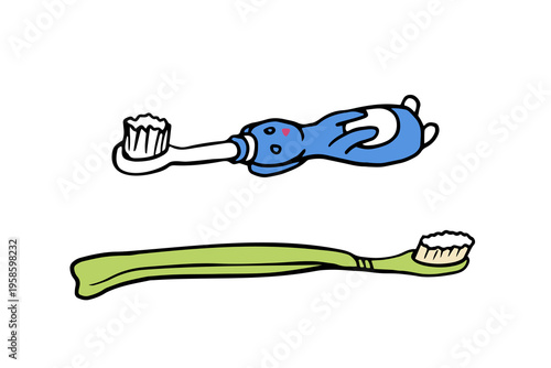 cute doodle set of children's toothbrushes, including a fun animal design. This isolated hand drawn vector for pediatric dentistry or kids oral hygiene illustrations.