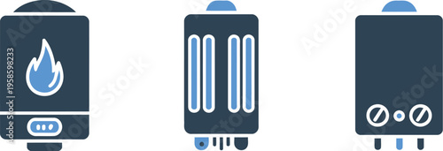 Water Heater Boiler Heating System Icon Set, solid style vector illustration showing residential appliance, hot water supply, plumbing equipment, home heating technology and utility design.