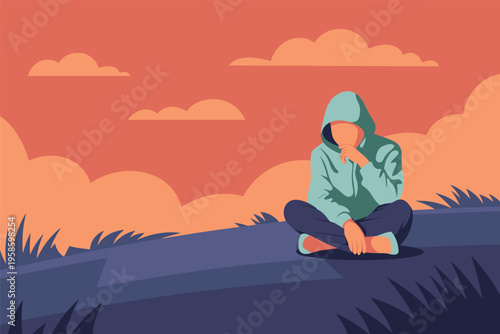 Pensive Person Sitting on a Hill at Sunset, emotional reflection concept