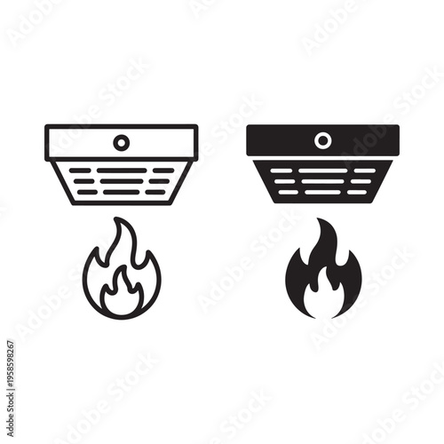 Smoke detector icons with and without flame illustrating fire safety