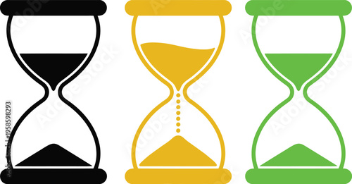 Three hourglasses illustrating different stages of time passage with distinct colors
