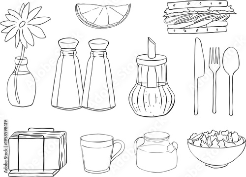 Set of restaurant and dining icons black and white cloche dish, napkin, salt shaker, pepper mill, coffee cup, menu, and chef hat. Cafe set hand drawn illustration. Vector graphic line ink art.