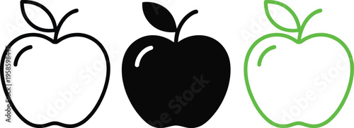 Three stylized apples in different outline colors and fill styles