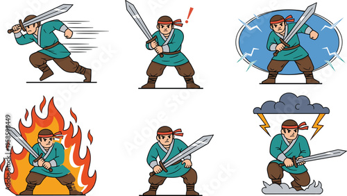 Cartoon warrior character set showing running, attacking, defending, elemental powers, fire aura, lightning strike, action poses, game asset, vector illustration pack collection