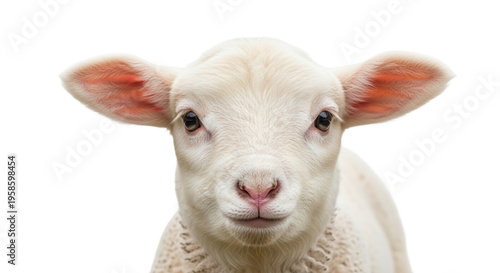 Cute white lamb looking directly at camera isolated on transparent background