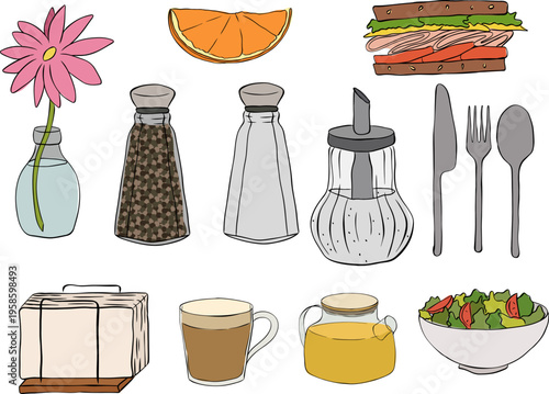 restaurant and dining icons. Includes place setting, cloche dish, napkin, salt shaker, pepper mill, coffee cup, menu, and chef hat. Cafe set hand drawn illustration. Vector graphic line ink art.