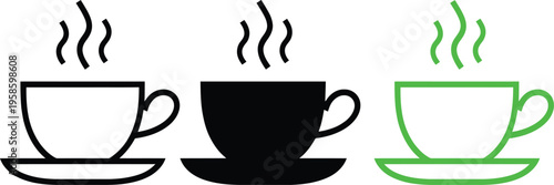 Three stylized coffee cups with varying visual representations and steam effects