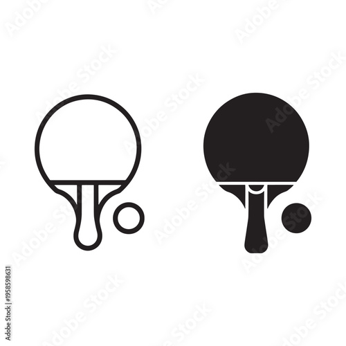 Two table tennis paddles and balls outlined and solid black icons