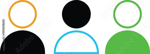 Three stylized silhouettes with different colored heads and hair outlines