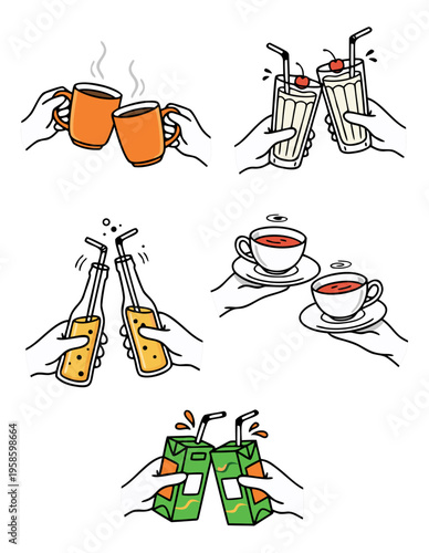 Various drinks clinking in hands