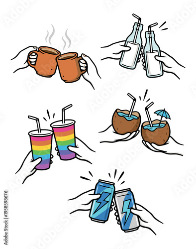 Hands clinking different drinks illustration