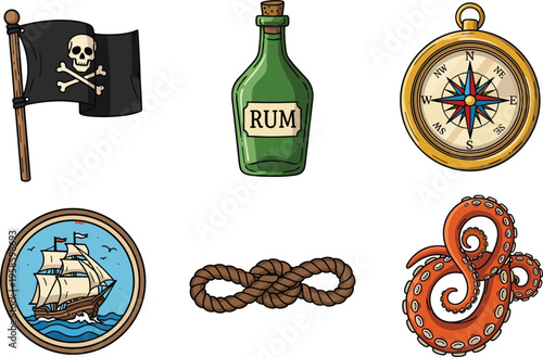 Pirate adventure elements set with skull flag, rum bottle, compass, sailing ship, rope knot, octopus tentacle, vector illustration collection pack