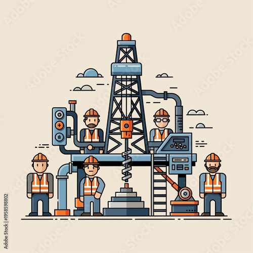 Oil Rig Workers Overseeing Operation of a Drilling Tower with Machinery and Equipment in a Flat Design Illustration