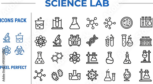 Science Lab Outline Vector Icon Set — Chemistry, Biology, Microscope, Molecule and Research Symbols