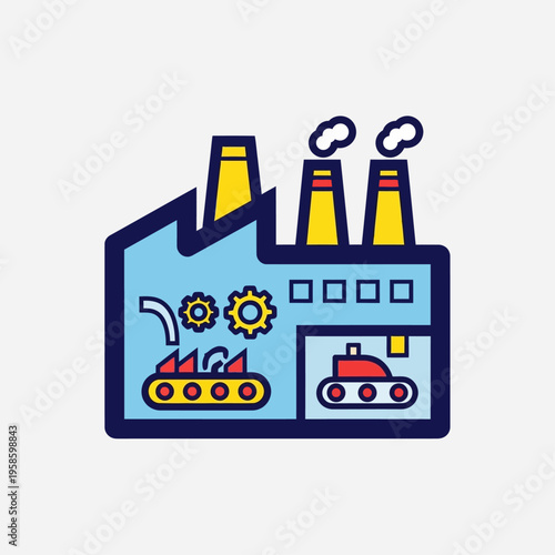 Vibrant flat icon illustrating an industrial factory with smoking chimneys, gears, and conveyor belts, symbolizing modern manufacturing, automated production, and technological progress in industry