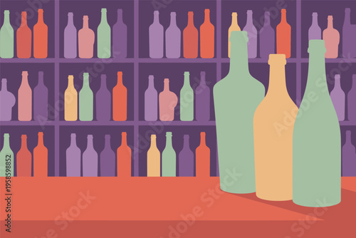 Flat Illustration of Bar Counter with Bottles, bar interior concept