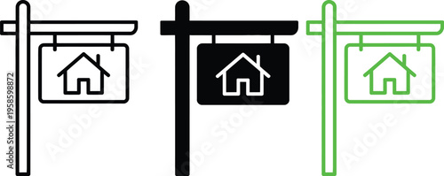 Real estate signs indicating property for sale with different styles and outlines