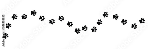 Dog paw print wave line, cute cat pawprint, pet foot trail, black dog step silhouette, simple doodle drawing, vector isolated on white background, playful animal footprint illustration