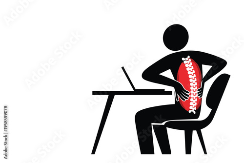 Illustration of back pain from prolonged sitting at a desk, ergonomic health concept with copy space
