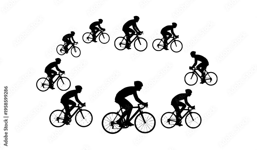 Obraz premium Cycling race progression silhouettes circular layout bicycle riders training and sport vector illustration