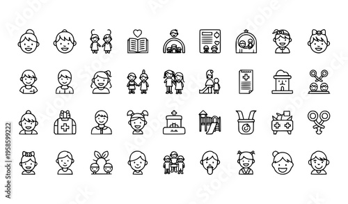 Minimal International Children Day outline icons set child care family parenting thin line editable vector