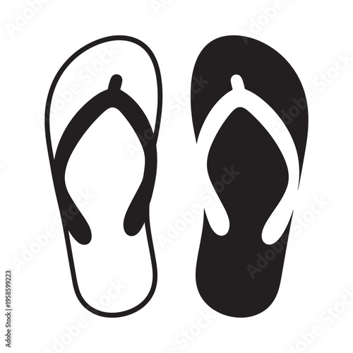 Black and white illustration of two flip flops one light and one dark