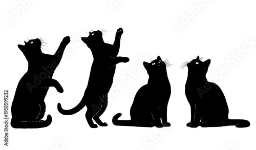 Black cat silhouettes set curious cats looking up in different poses minimal vector illustration