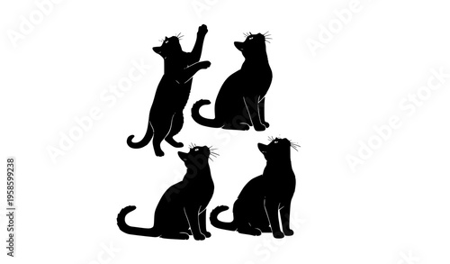 Five black cat silhouettes looking up in unique poses elegant minimal feline vector illustration set
