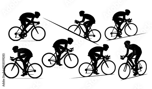 Dynamic cyclist silhouettes in motion racing training poses black bicycle riders vector set