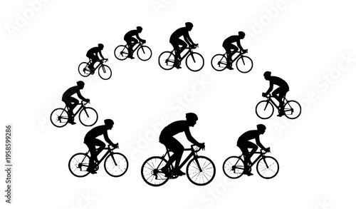 Cycling race progression silhouettes circular layout bicycle riders training and sport vector illustration